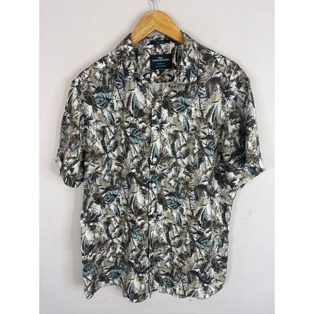 Rodd & Gunn Mens L 100% Linen Tropical Palm Print Short Sleeve Button Down Shirt